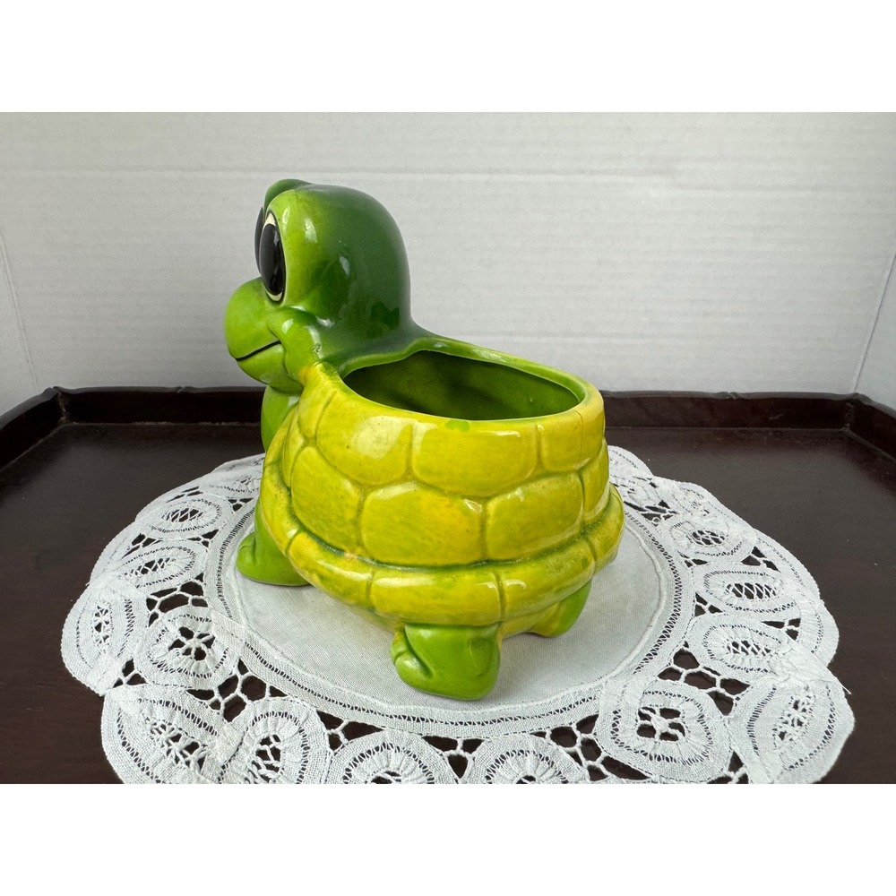 Vintage Ceramic Turtle Planter Green Yellow Anthropomorphic Tortoise Figurine - Picture 6 of 10